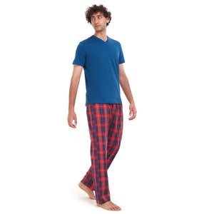 Men summer pajama set Indigo T-shirt +  Red x Indigo Checkered pants
