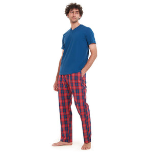 Men summer pajama set Indigo T-shirt +  Red x Indigo Checkered pants