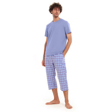 Load image into Gallery viewer, Men summer pajama set  Light blue T-shirt + light blue x White Checkered Pantacor
