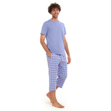 Load image into Gallery viewer, Men summer pajama set  Light blue T-shirt + light blue x White Checkered Pantacor
