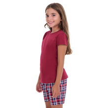 Load image into Gallery viewer, Girls summer pajama set Dark red t-shirt + Dark Blue x Red Checkered shorts

