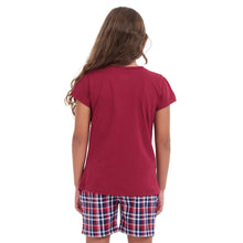 Load image into Gallery viewer, Girls summer pajama set Dark red t-shirt + Dark Blue x Red Checkered shorts
