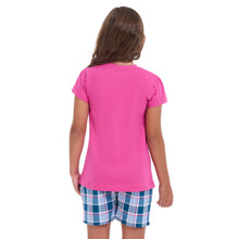 Load image into Gallery viewer, Girls summer pajama set Fuchsia t-shirt + Light blue x Petroleum Checkered shorts
