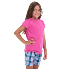 Load image into Gallery viewer, Girls summer pajama set Fuchsia t-shirt + Light blue x Petroleum Checkered shorts
