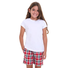 Load image into Gallery viewer, Girls summer pajama set White t-shirt + Red x Dark blue checkered shorts
