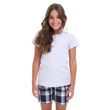 Load image into Gallery viewer, Girls summer pajama set light grey t-shirt + Black x White Checkered shorts
