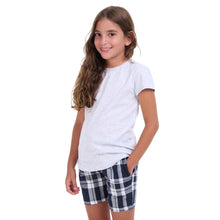 Load image into Gallery viewer, Girls summer pajama set light grey t-shirt + Black x White Checkered shorts
