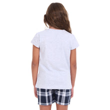 Load image into Gallery viewer, Girls summer pajama set light grey t-shirt + Black x White Checkered shorts
