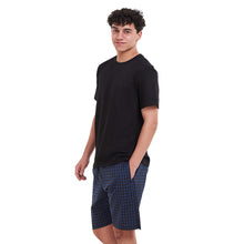 Load image into Gallery viewer, Men summer pajama set  Black T-shirt + Blue x Black checkered shorts
