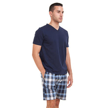 Load image into Gallery viewer, Men summer pajama set Dark Blue T-shirt +Light Blue x Dark Blue Checkered short
