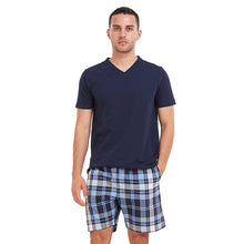 Load image into Gallery viewer, Men summer pajama set Dark Blue T-shirt +Light Blue x Dark Blue Checkered short
