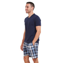 Load image into Gallery viewer, Men summer pajama set Dark Blue T-shirt +Light Blue x Dark Blue Checkered short
