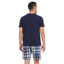 Load image into Gallery viewer, Men summer pajama set Dark Blue T-shirt +Light Blue x Dark Blue Checkered short
