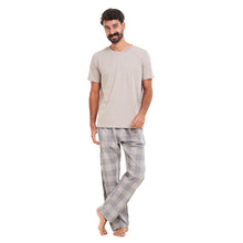 Load image into Gallery viewer, Men summer pajama set Grey T-shirt + Grey checkered Pants
