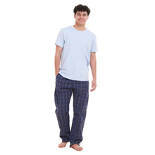 Load image into Gallery viewer, Men summer pajama set  Light Blue T-shirt + Dark Blue x Grey Checkered Pants

