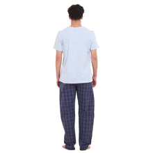 Load image into Gallery viewer, Men summer pajama set  Light Blue T-shirt + Dark Blue x Grey Checkered Pants

