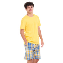 Load image into Gallery viewer, Men summer pajama set Mustard T-shirt + Light blue x Mustard Checkered shorts
