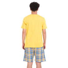 Load image into Gallery viewer, Men summer pajama set Mustard T-shirt + Light blue x Mustard Checkered shorts

