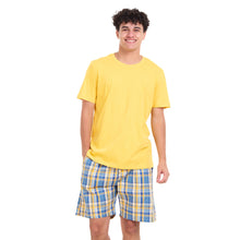Load image into Gallery viewer, Men summer pajama set Mustard T-shirt + Light blue x Mustard Checkered shorts
