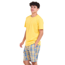 Load image into Gallery viewer, Men summer pajama set Mustard T-shirt + Light blue x Mustard Checkered shorts
