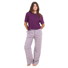 Load image into Gallery viewer, Women summer pajama set Dark Purple Cropped top + Purple x White checkered pants

