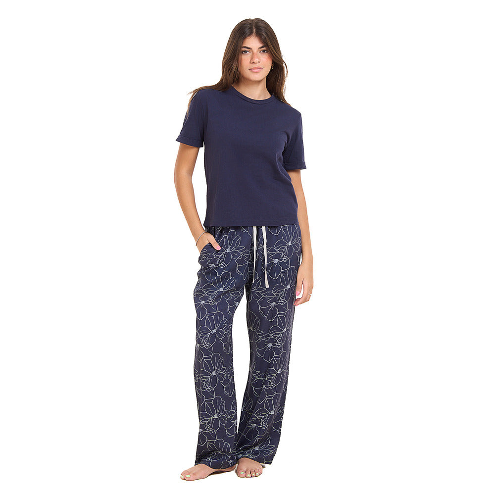 Women summer pajama set Dark blue Tee + Magnolia Floral Pants