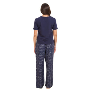 Women summer pajama set Dark blue Tee + Magnolia Floral Pants