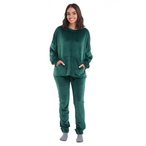 Women Winter Pajama Set Dark green Sweatshirt + Pants