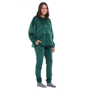 Women Winter Pajama Set Dark green Sweatshirt + Pants