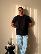 Load image into Gallery viewer, Men summer pajama set Black T-shirt + Sky Blue Plaid Pants
