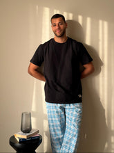 Load image into Gallery viewer, Men summer pajama set Black T-shirt + Sky Blue Plaid Pants
