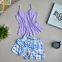 Load image into Gallery viewer, Women summer pajama set Light purple top +Checkered shorts
