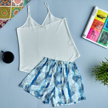 Load image into Gallery viewer, Women summer pajama set Off-white top + Blue Palm leaves shorts
