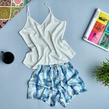 Load image into Gallery viewer, Women summer pajama set Off-white top + Blue Palm leaves shorts
