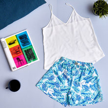 Load image into Gallery viewer, Women summer pajama set Off-white top + Tropical leaves shorts
