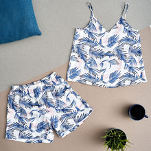 Load image into Gallery viewer, Women summer satin pajama set White x Blue leaves top + shorts
