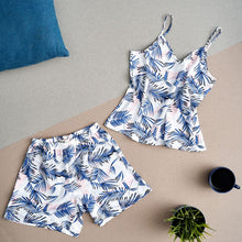 Load image into Gallery viewer, Women summer satin pajama set White x Blue leaves top + shorts
