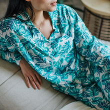 Load image into Gallery viewer, Women summer pajama set Turquoise Leaves buttoned shirt + Pants
