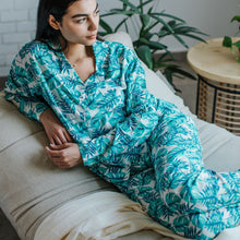 Load image into Gallery viewer, Women summer pajama set Turquoise Leaves buttoned shirt + Pants
