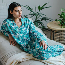 Load image into Gallery viewer, Women summer pajama set Turquoise Leaves buttoned shirt + Pants
