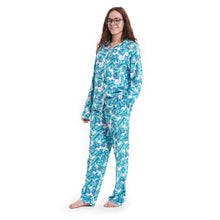 Load image into Gallery viewer, Women summer pajama set Turquoise Leaves buttoned shirt + Pants
