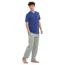 Load image into Gallery viewer, Men summer pajama set  Indigo T-shirt + Olive x Indigo Checkered Pants

