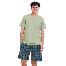 Load image into Gallery viewer, Men summer pajama set  Pistachio T-shirt + Olive x Pertroleum checkered  shorts
