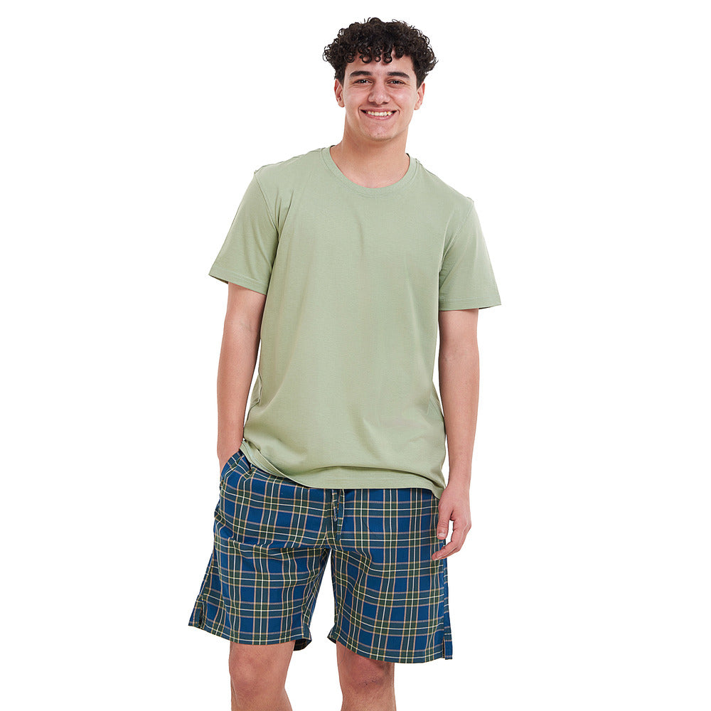 Men summer pajama set  Pistachio T-shirt + Olive x Pertroleum checkered  shorts
