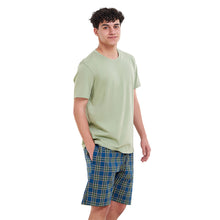 Load image into Gallery viewer, Men summer pajama set  Pistachio T-shirt + Olive x Pertroleum checkered  shorts
