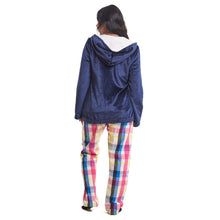 Load image into Gallery viewer, Women Winter Pajama 3 PCS Set Dark Blue Sweatshirt +Off-white top+ Dark Blue x Fuchsia Checkered Pants
