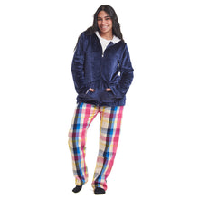 Load image into Gallery viewer, Women Winter Pajama 3 PCS Set Dark Blue Sweatshirt +Off-white top+ Dark Blue x Fuchsia Checkered Pants
