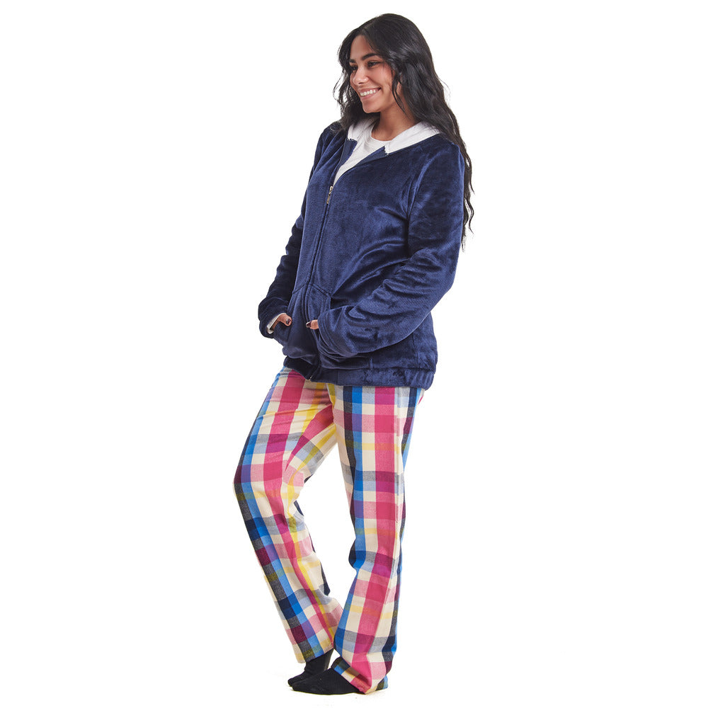 Women Winter Pajama 3 PCS Set Dark Blue Sweatshirt +Off-white top+ Dark Blue x Fuchsia Checkered Pants