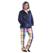 Load image into Gallery viewer, Women Winter Pajama 3 PCS Set Dark Blue Sweatshirt +Off-white top+ Dark Blue x Fuchsia Checkered Pants
